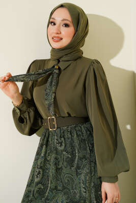 Etnik Desenli Fularlı Etekli Takım Haki - İkili Takım