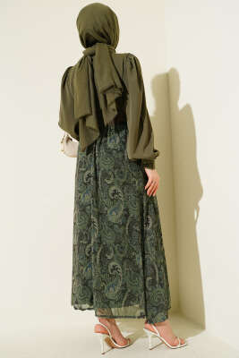 Etnik Desenli Fularlı Etekli Takım Haki - İkili Takım