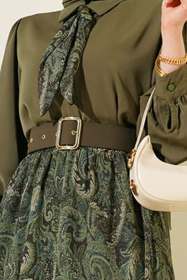 Etnik Desenli Fularlı Etekli Takım Haki - İkili Takım