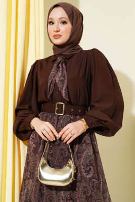 Etnik Desenli Fularlı Etekli Takım Kahve - İkili Takım