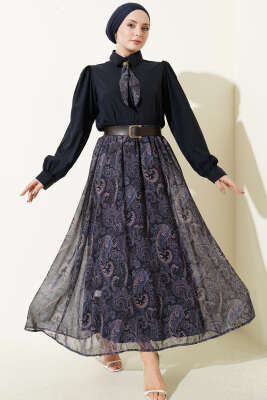 Etnik Desenli Fularlı Etekli Takım Lacivert 