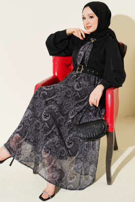 Etnik Desenli Fularlı Etekli Takım Siyah - HATUN