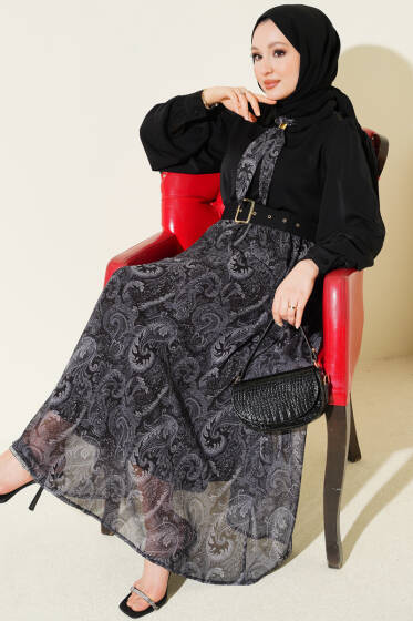 Etnik Desenli Fularlı Etekli Takım Siyah - İkili Takım