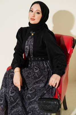 Etnik Desenli Fularlı Etekli Takım Siyah - İkili Takım