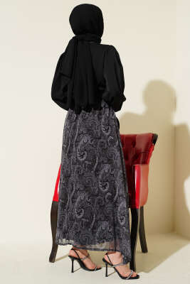 Etnik Desenli Fularlı Etekli Takım Siyah - İkili Takım