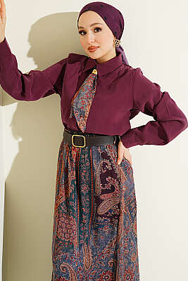 Etnik Desenli Fularlı Şifon Etekli Takım Bordo - HATUN