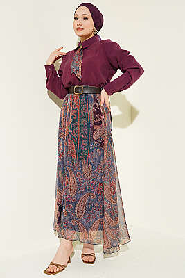 Etnik Desenli Fularlı Şifon Etekli Takım Bordo - İkili Takım