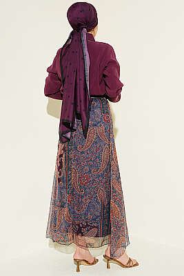 Etnik Desenli Fularlı Şifon Etekli Takım Bordo - İkili Takım