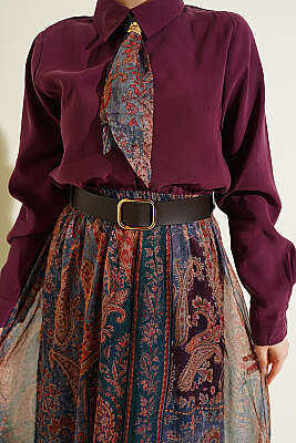 Etnik Desenli Fularlı Şifon Etekli Takım Bordo - İkili Takım