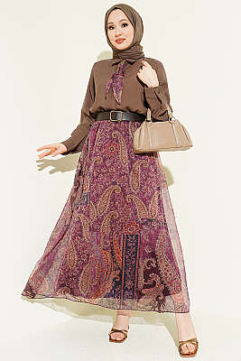 Etnik Desenli Fularlı Şifon Etekli Takım Kahve - HATUN