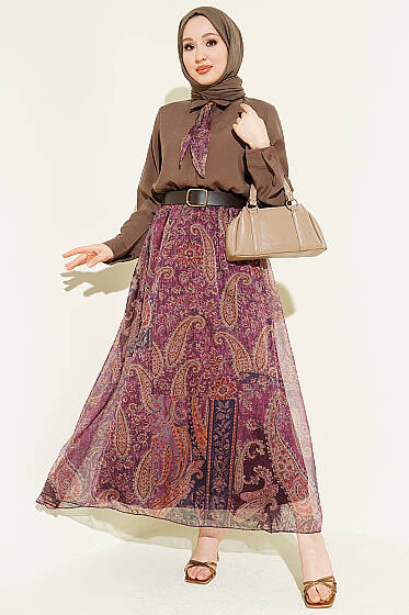 Etnik Desenli Fularlı Şifon Etekli Takım Kahve - İkili Takım