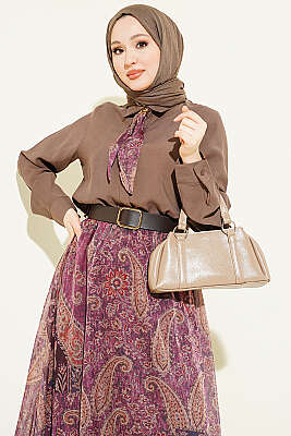 Etnik Desenli Fularlı Şifon Etekli Takım Kahve - İkili Takım