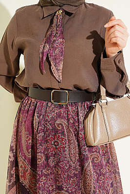 Etnik Desenli Fularlı Şifon Etekli Takım Kahve - İkili Takım