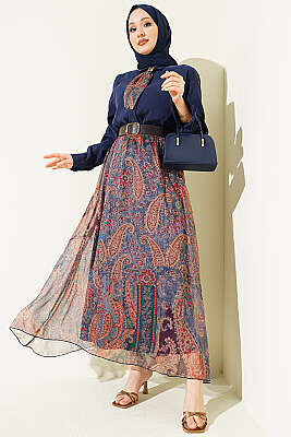 Etnik Desenli Fularlı Şifon Etekli Takım Lacivert - HATUN