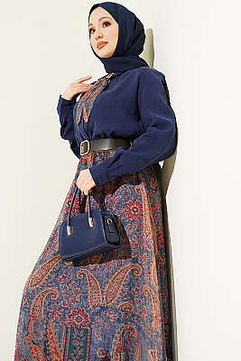 Etnik Desenli Fularlı Şifon Etekli Takım Lacivert - İkili Takım