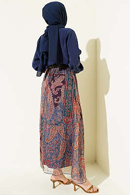 Etnik Desenli Fularlı Şifon Etekli Takım Lacivert - İkili Takım