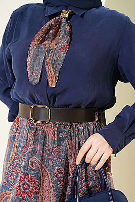 Etnik Desenli Fularlı Şifon Etekli Takım Lacivert - İkili Takım