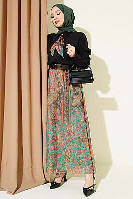 Etnik Desenli Fularlı Şifon Etekli Takım Siyah - HATUN