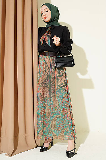 Etnik Desenli Fularlı Şifon Etekli Takım Siyah - İkili Takım