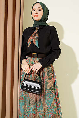 Etnik Desenli Fularlı Şifon Etekli Takım Siyah - İkili Takım