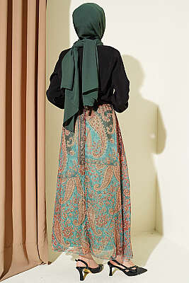 Etnik Desenli Fularlı Şifon Etekli Takım Siyah - İkili Takım