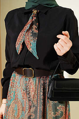 Etnik Desenli Fularlı Şifon Etekli Takım Siyah - İkili Takım