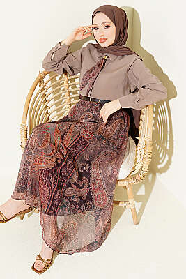 Etnik Desenli Fularlı Şifon Etekli Takım Vizon - HATUN