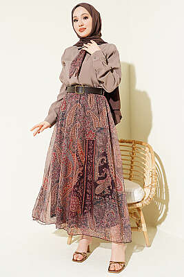 Etnik Desenli Fularlı Şifon Etekli Takım Vizon - İkili Takım