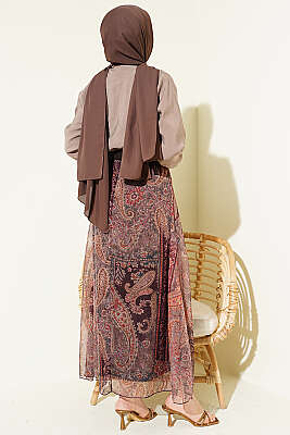 Etnik Desenli Fularlı Şifon Etekli Takım Vizon - İkili Takım