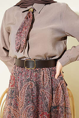 Etnik Desenli Fularlı Şifon Etekli Takım Vizon - İkili Takım