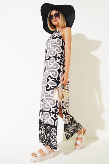 Etnik Desenli İp Askılı Elbise Siyah - Elbise