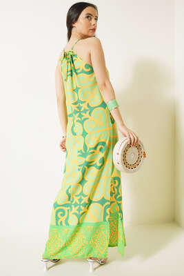 Etnik Desenli İp Askılı Elbise Yeşil - Thumbnail