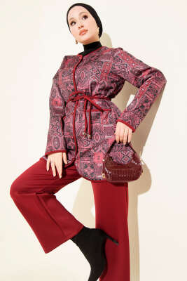 Etnik Desenli İp Bağcıklı İkili Takım Bordo - TEGOE