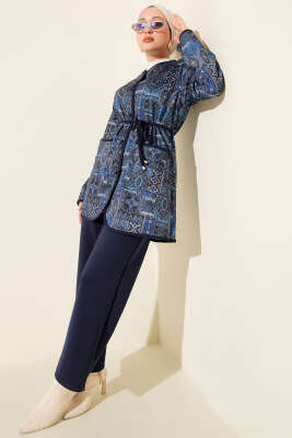 Etnik Desenli İp Bağcıklı İkili Takım Lacivert - TEGOE