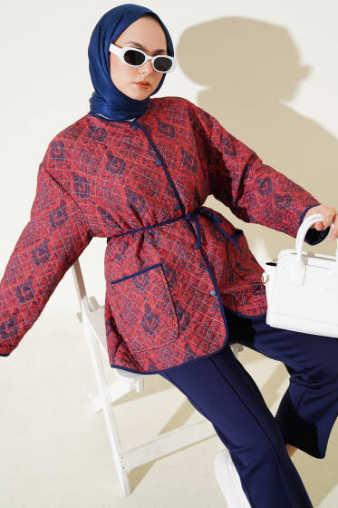 Etnik Desenli Kapitone Ceket Kırmızı - Ceket