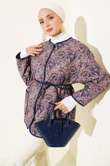 Etnik Desenli Kapitone Ceket Lacivert - Ceket