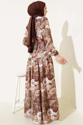 Etnik Desenli Kemerli Elbise Haki - Tesettür Elbise