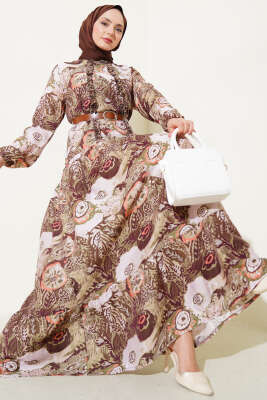 Etnik Desenli Kemerli Elbise Haki