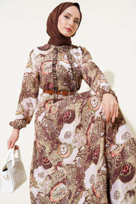 Etnik Desenli Kemerli Elbise Haki - Tesettür Elbise