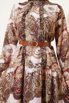 Etnik Desenli Kemerli Elbise Haki - Tesettür Elbise