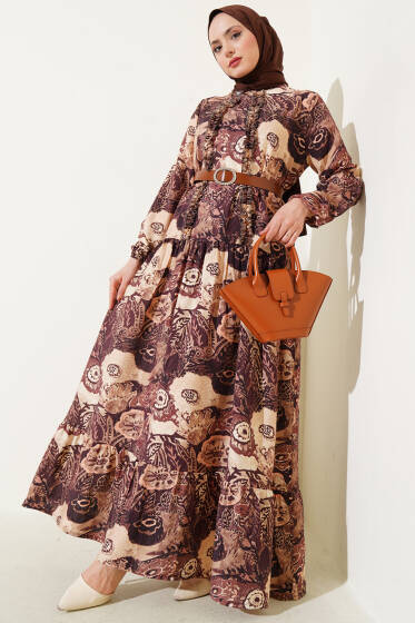 Etnik Desenli Kemerli Elbise Kahve - Elbise