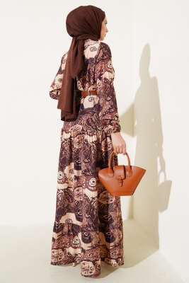 Etnik Desenli Kemerli Elbise Kahve - Tesettür Elbise