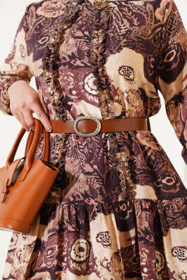 Etnik Desenli Kemerli Elbise Kahve - Tesettür Elbise