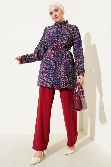 Etnik Desenli Kemerli İkili Takım Mürdüm - İkili Takım