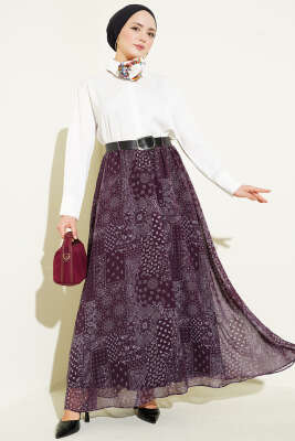 Etnik Desenli Kemerli Kloş Etek Mor - Etek