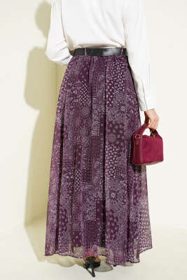 Etnik Desenli Kemerli Kloş Etek Mor - Etek