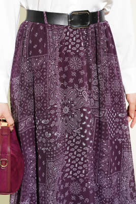 Etnik Desenli Kemerli Kloş Etek Mor - Etek