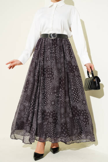 Etnik Desenli Kemerli Kloş Etek Siyah - Etek