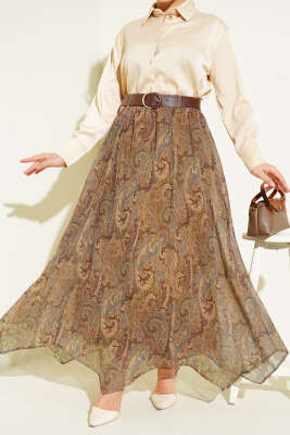 Etnik Desenli Kemerli Şifon Etek Camel 