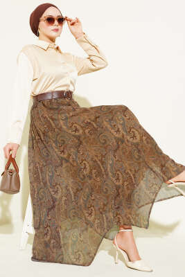 Etnik Desenli Kemerli Şifon Etek Camel - Etek